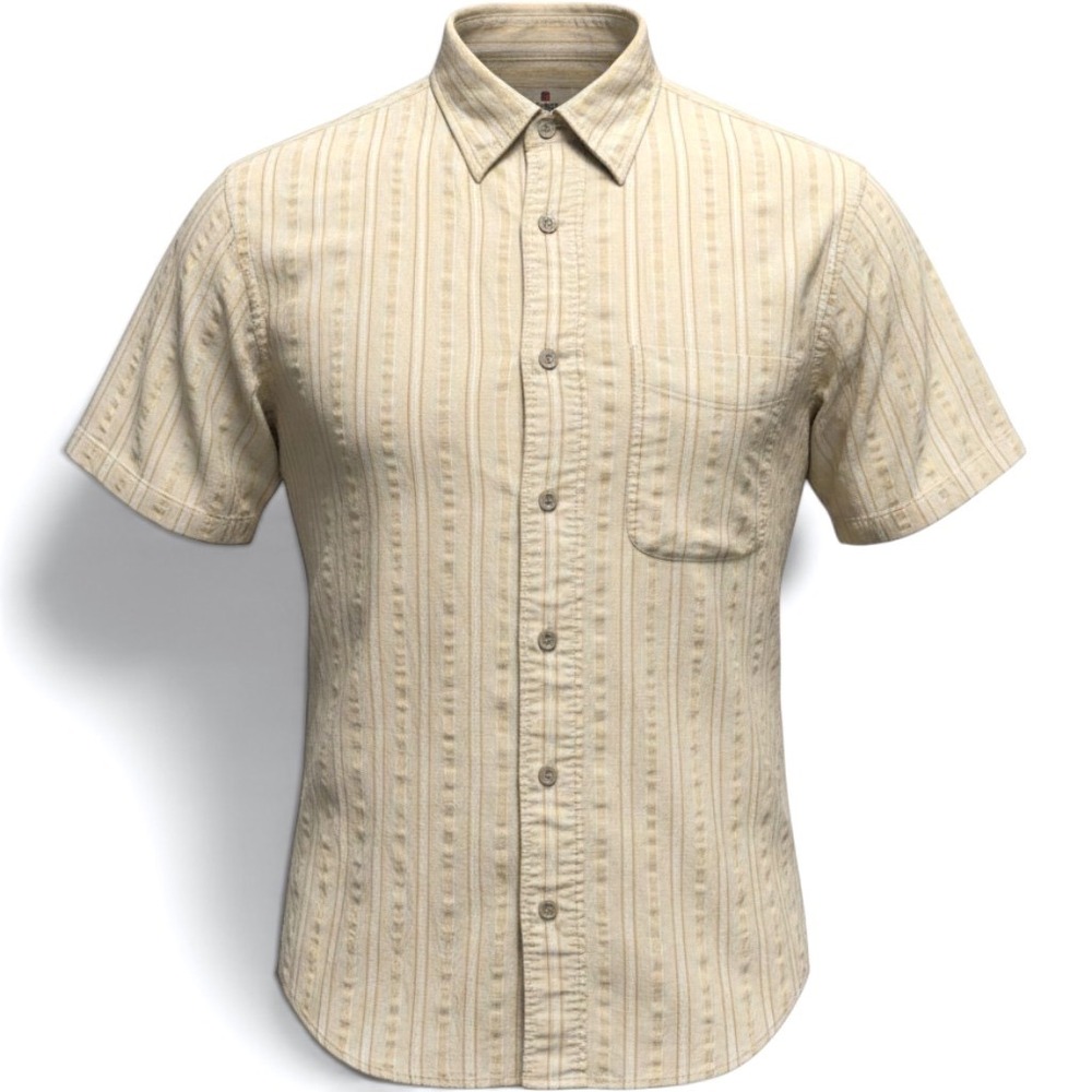 Woolrich Mens Large Short Sleeve Button Down Shirt Tan Striped Cotton S6268